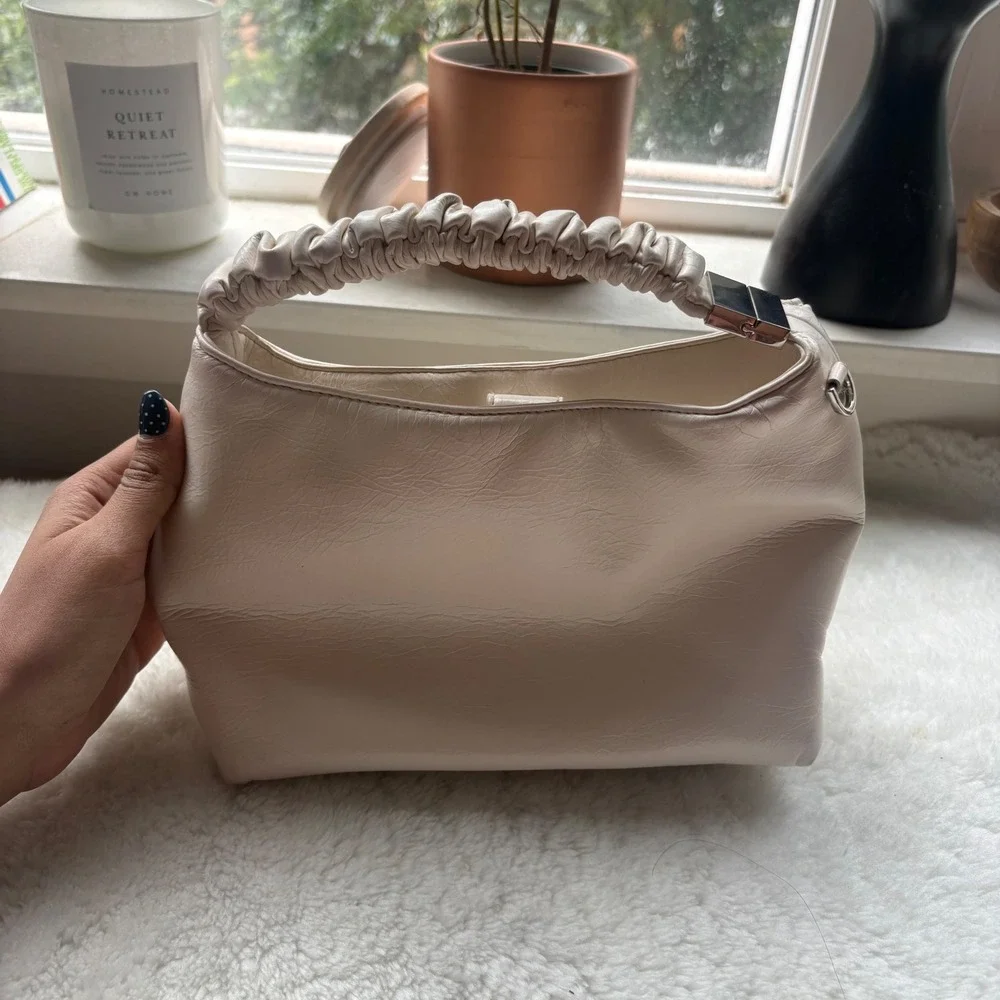 A New Day Cream Ruched Handle Shoulder Bag Faux Leather Minimalist Ivory Hobo